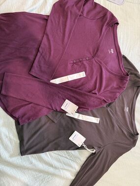 a.n.a Women's Long Sleeve Henley Tee - Plum and Charcoal